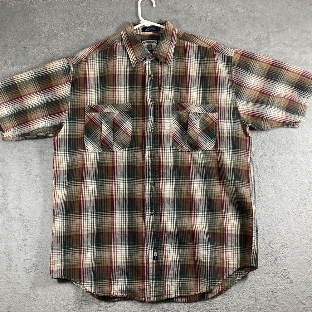 Lee Shirt Adult Medium Plaid Button Up Short Sleeve Pockets Casual Men